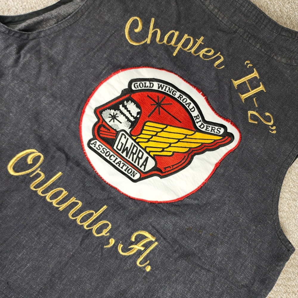 GWRRA Motorcycle Vest XL Gold Wing Road Riders Association Patched Denim Grey